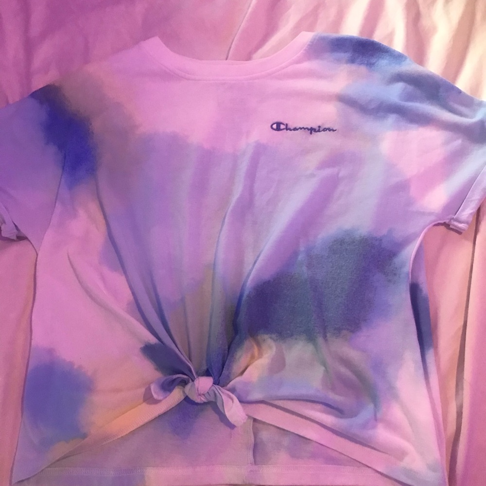 blue and yellow champion cropped tee